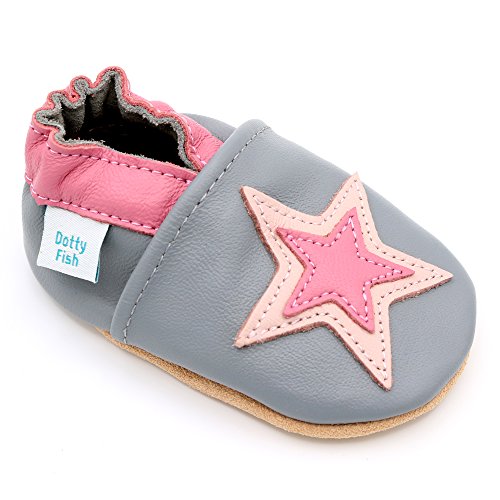 Dotty Fish Zapatos de Cuero Suave para bebés. Antideslizante. Estrella Gris y Rosa. 6-12 Meses (19 EU)