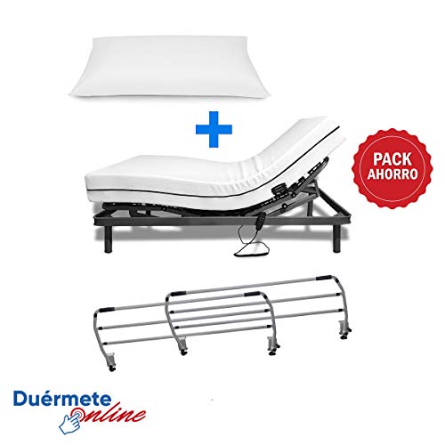 Duérmete Online Cama Eléctrica Articulada Reforzada 5 Planos + Colchón Medic Visco + Almohada Tacto Sedoso + Barandillas, Gris, 90x190