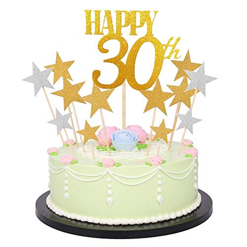 Dusenly letras brillantes para decoración de tartas, números dorados, decoración para tarta de cumpleaños y purpurina dorada y plateada, decoración para cupcakes (paquete de 41) 18 – 80 30/Estrella