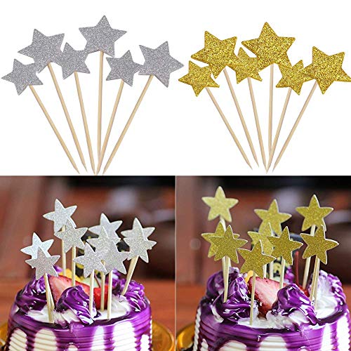 Dusenly letras brillantes para decoración de tartas, números dorados, decoración para tarta de cumpleaños y purpurina dorada y plateada, decoración para cupcakes (paquete de 41) 18 – 80 30/Estrella