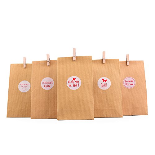 EAST-WEST Trading GmbH - Juego de bolsas de regalo «Natur», 72 piezas, 24 bolsas de regalo + 24 pegatinas + 25 minisoportes de madera. Bolsa para regalos de todo tipo, galletas, etc.