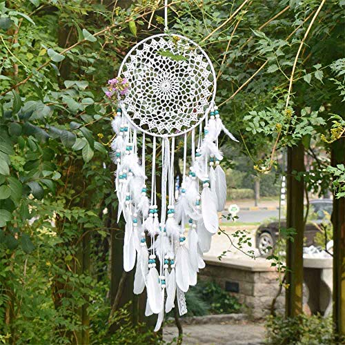 EasyBravo - Atrapasueños Grande con Plumas Blancas y Cuentas Azules de macramé para Colgar en la Pared, para decoración Vintage de Boda, hogar, 25 cm, círculo 70 cm de Largo