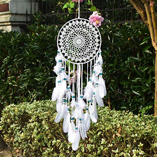 EasyBravo - Atrapasueños Grande con Plumas Blancas y Cuentas Azules de macramé para Colgar en la Pared, para decoración Vintage de Boda, hogar, 25 cm, círculo 70 cm de Largo