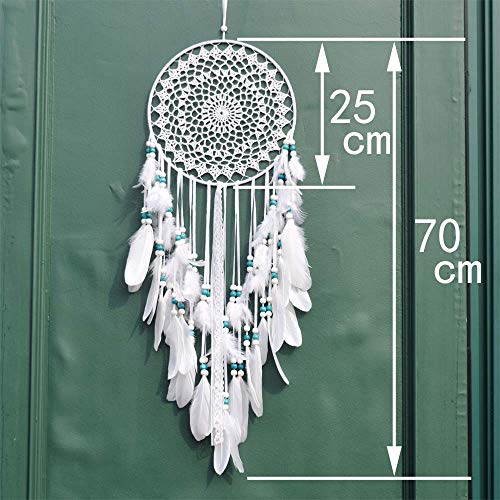 EasyBravo - Atrapasueños Grande con Plumas Blancas y Cuentas Azules de macramé para Colgar en la Pared, para decoración Vintage de Boda, hogar, 25 cm, círculo 70 cm de Largo