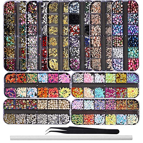 Ebanku 10 Cajas Piedras para Uñas decoración, Colorido Kit de Diamantes de Imitación de Uñas Adornos Cristales Rhinestones Diamonds Beads con 1 Pinzas y 1 Bolígrafos de Cera para Arte de Uñas Gel