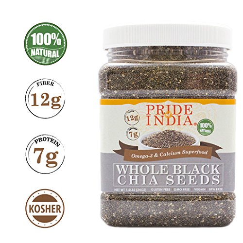 El orgullo de la India - Las semillas enteras Negro Chia - Omega-3 y calcio Superalimentos, 1,5 libra Jar - Las semillas de Chia Negro entera - Omega-3 y calcio súper