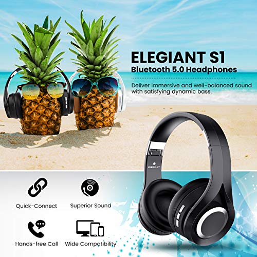 ELEGIANT Cascos Bluetooth 5.0 Inalámbricos, Auriculares Bluetooth Diadema con Micrófono CVC 6.0 Cancelación Ruido Manos Libre Sonido Nítido Estéreo 16H de Duración para TV Móviles IOS Android, Negro