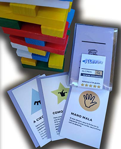 Encambio Alcrea EXPANSIÓN de Cartas para Torre de Bloques de Madera (Jenga™). Cartas con RETOS, Pruebas, COMODINES y Mucha diversión para el Popular Juego de Mesa. Torre DE Madera NO INCLUIDA