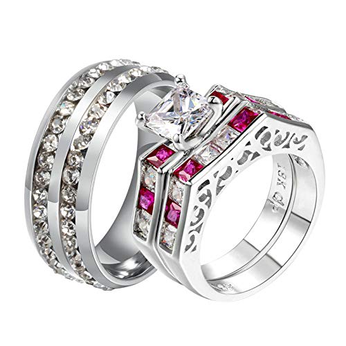 Epinki Anillos de Pareja Circonita Forma Cuadrada Rojo Plata y Plata Anillos de Compromiso Pareja Talla Mujer 15 & Hombre 15