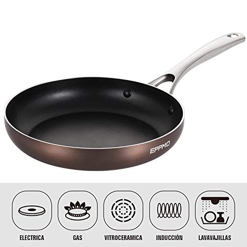 EPPMO Sartén Antiadherente de Aluminio 24cm sin PFOA, Sartén Resistente a Alta Temperatura, Mango de Acero Inoxidable， Apto para todo tipo de Cocinas incluido Inducción, Saltear Asar Freir, Cobre