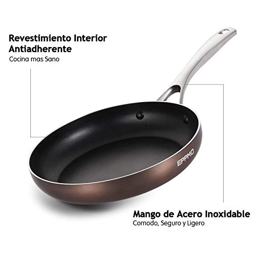 EPPMO Sartén Antiadherente de Aluminio 24cm sin PFOA, Sartén Resistente a Alta Temperatura, Mango de Acero Inoxidable， Apto para todo tipo de Cocinas incluido Inducción, Saltear Asar Freir, Cobre