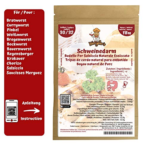 Estuche de Tripas de Cerdo 30/32 Wengler (18M) Equiparable a Las de carnicería - Resistente a la cocción - Apto para ahumar y Barbacoa