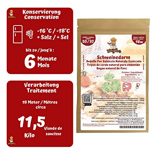 Estuche de Tripas de Cerdo 30/32 Wengler (18M) Equiparable a Las de carnicería - Resistente a la cocción - Apto para ahumar y Barbacoa