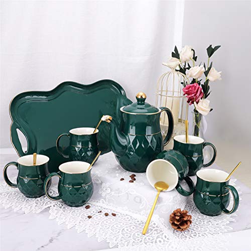 fanquare 8 Piezas Juegos de Té de Porcelana Inglesa Verde, Juego de Café de Cerámica para Adultos, Una Tetera, Juego de 6 Tazas de Café con Bandeja