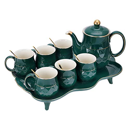 fanquare 8 Piezas Juegos de Té de Porcelana Inglesa Verde, Juego de Café de Cerámica para Adultos, Una Tetera, Juego de 6 Tazas de Café con Bandeja