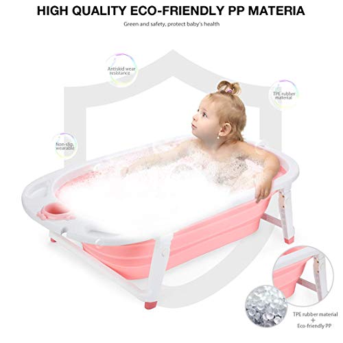 Fascol Bañera Plegable para Bebés 0-36 Meses, Baño Bebe con Red de Seguridad y Ranura de Almacenamiento, Longitud de La Piscina para Bebés 82 cm (Rosa)