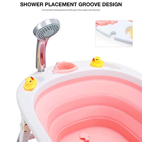 Fascol Bañera Plegable para Bebés 0-36 Meses, Baño Bebe con Red de Seguridad y Ranura de Almacenamiento, Longitud de La Piscina para Bebés 82 cm (Rosa)