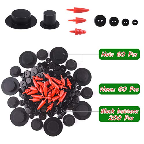 FEPITO 344 Piezas de Bricolaje muñeco de Nieve Kit Incluye Mini Negro Sombreros de Copa Zanahoria narices Botones Negros diminutos y plástico Buckhorn Elaboración de Navidad y Costura Suministros