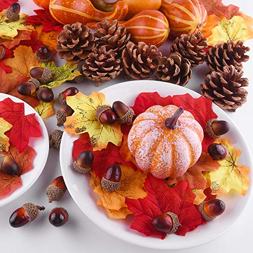 FEPITO Decoraciones Otoño Thanksgiving Day, Mini Calabazas Artificiales, Conos Pino, Hojas Otoño, Bellotas para Decoraciones Fiesta Otoño Thanksgiving Suministros (96pcs)