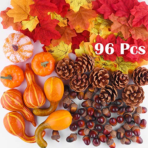 FEPITO Decoraciones Otoño Thanksgiving Day, Mini Calabazas Artificiales, Conos Pino, Hojas Otoño, Bellotas para Decoraciones Fiesta Otoño Thanksgiving Suministros (96pcs)