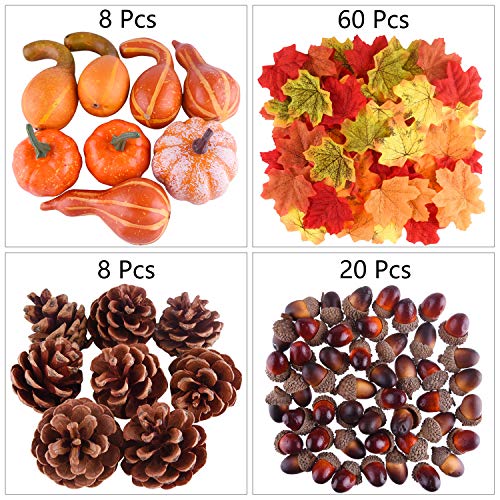 FEPITO Decoraciones Otoño Thanksgiving Day, Mini Calabazas Artificiales, Conos Pino, Hojas Otoño, Bellotas para Decoraciones Fiesta Otoño Thanksgiving Suministros (96pcs)