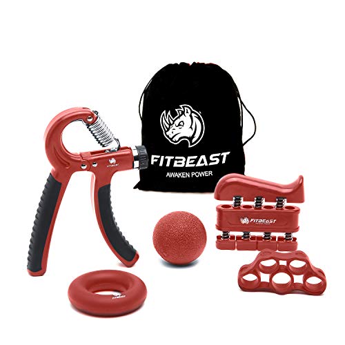 FitBeast Kit de Entrenamiento para Ejercitar el Agarre – Paquete de 5 Piezas, Pinzas para Manos Ajustables, Ejercicio para Dedos, para Estirar los Dedos, Anillo para Entrenar y Pelota Anti Estrés