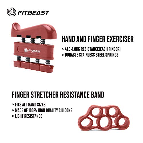 FitBeast Kit de Entrenamiento para Ejercitar el Agarre – Paquete de 5 Piezas, Pinzas para Manos Ajustables, Ejercicio para Dedos, para Estirar los Dedos, Anillo para Entrenar y Pelota Anti Estrés