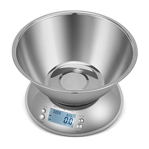 Flexzion Báscula digital de cocina con recipiente de acero inoxidable extraíble, Balanza de gramos con peso máximo de 11 lb /5 kg, temperatura, temporizador y LCD con retroiluminación blanca