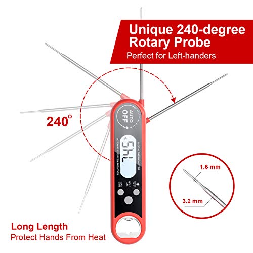 flintronic Termómetro para Carne, Termómetro de Cocina Digital Lectura Instantánea Termómetro para Alimentos con Sonda, Resistente al Agua IP67 Auto Encendido/Apagado (batería incluida)- Rojo