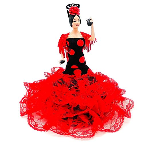 Folk Artesanía Muñeca 20 cm andaluza o Flamenca Vestido con Cola . Similar Marin Dolls. Fabricado en España (Blanco Lunar Rojo)