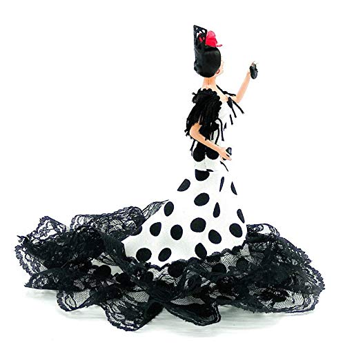 Folk Artesanía Muñeca 20 cm andaluza o Flamenca Vestido con Cola. Similar Marin Dolls. Fabricado en España Edición Limitada (Blanco Lunar Negro)