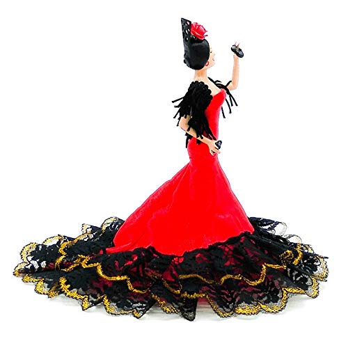 Folk Artesanía Muñeca 20 cm andaluza o Flamenca Vestido con Cola. Similar Marin Dolls. Fabricado en España Edición Limitada (Blanco Lunar Negro)