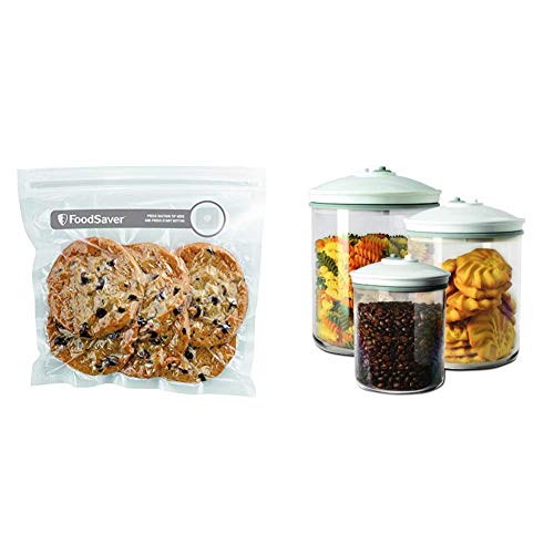 Foodsaver FVB015X Bolsas para envasador al vacío con cierre tipo zip, 0.95 litros, 0 Decibelios, Plástico, Transparente + FSC003-I-065 - Set de 3 tarros de envasado al vacío