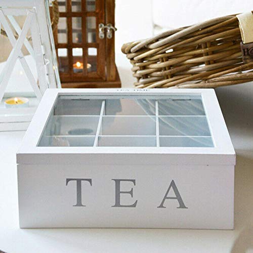 FORYOURS - Caja de té de bambú con 9 compartimentos para bolsas de té de madera con tapa y caja de té para mantener el aroma prolongado y decorativo para disfrutar del té intenso.