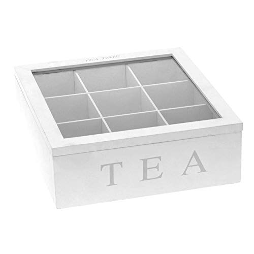 FORYOURS - Caja de té de bambú con 9 compartimentos para bolsas de té de madera con tapa y caja de té para mantener el aroma prolongado y decorativo para disfrutar del té intenso.