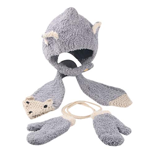 Fossen Invierno Bebe Bufanda Gorra Guantes para 3 Meses - 3 Años Niña Niño - Tejido de Lana de Oreja de Zorro de Dibujos Animados Sombrero Conjunto/3PC (Gris)