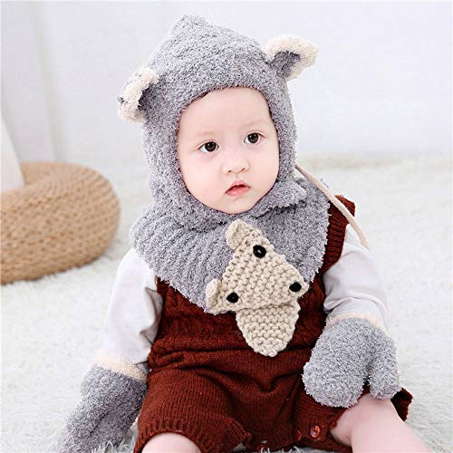 Fossen Invierno Bebe Bufanda Gorra Guantes para 3 Meses - 3 Años Niña Niño - Tejido de Lana de Oreja de Zorro de Dibujos Animados Sombrero Conjunto/3PC (Gris)