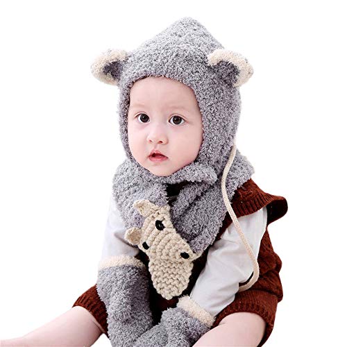 Fossen Invierno Bebe Bufanda Gorra Guantes para 3 Meses - 3 Años Niña Niño - Tejido de Lana de Oreja de Zorro de Dibujos Animados Sombrero Conjunto/3PC (Gris)