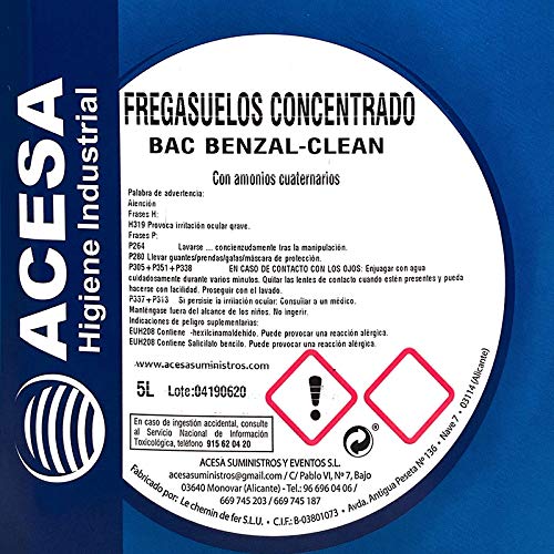 Fregasuelos Antibacterias Concentrado de uso Profesional Desinfectante y Bactericida de uso Profesional y Doméstico para Todo tipo de superficies. Con aroma. ACESA Formato industrial 5 litros.