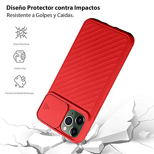 Funda Silicona para iPhone 11 Pro (5,8") [Tapa Deslizante Protección Camara], Ligera, Anti-Deslizante, Carga inalámbrica, Anti-Huellas. Rojo.