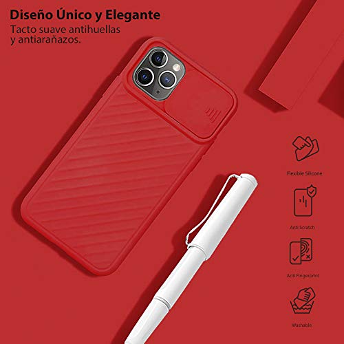 Funda Silicona para iPhone 11 Pro (5,8") [Tapa Deslizante Protección Camara], Ligera, Anti-Deslizante, Carga inalámbrica, Anti-Huellas. Rojo.