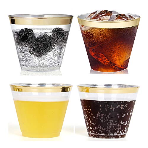 Funhoo Paquete de 50 tazas de plástico de 9 oz. Copa para beber, taza desechable transparente para beber con borde dorado para la fiesta de cumpleaños Wedding Bar Cafe Hotel (50pcs)