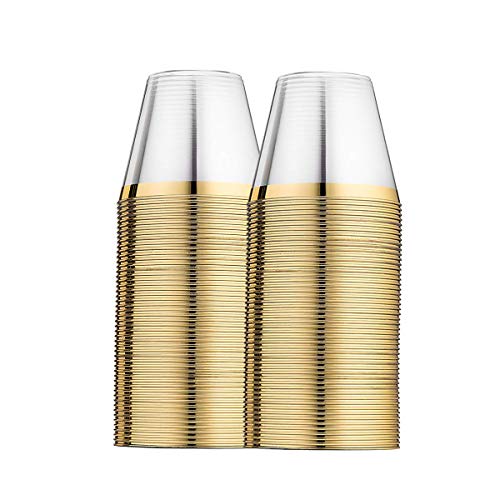 Funhoo Paquete de 50 tazas de plástico de 9 oz. Copa para beber, taza desechable transparente para beber con borde dorado para la fiesta de cumpleaños Wedding Bar Cafe Hotel (50pcs)