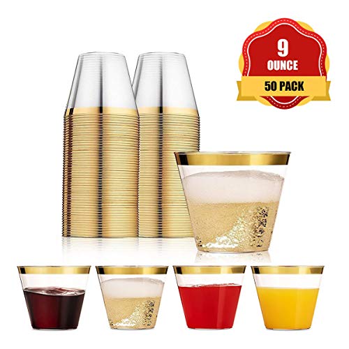 Funhoo Paquete de 50 tazas de plástico de 9 oz. Copa para beber, taza desechable transparente para beber con borde dorado para la fiesta de cumpleaños Wedding Bar Cafe Hotel (50pcs)