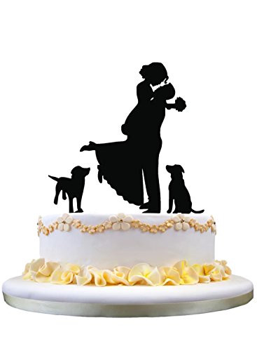 Funny Wedding Cake Topper- novio celebración de la novia silueta con 2 Lovely Dogs Decoración, pastel de bodas Topper con perros