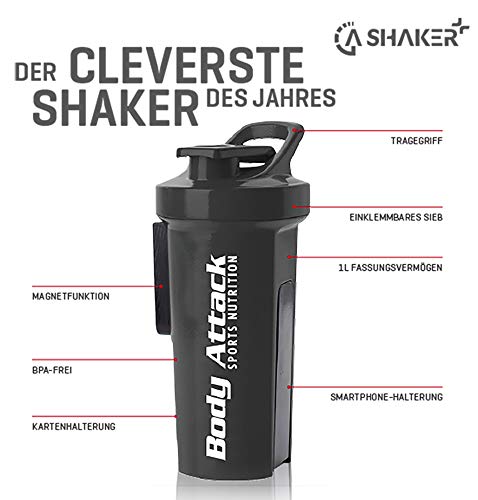 GA11 Sports Shaker+ - Coctelera con texto BodyAttack (1000 ml), color negro
