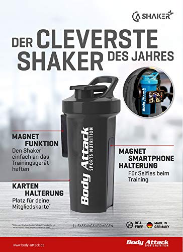 GA11 Sports Shaker+ - Coctelera con texto BodyAttack (1000 ml), color negro