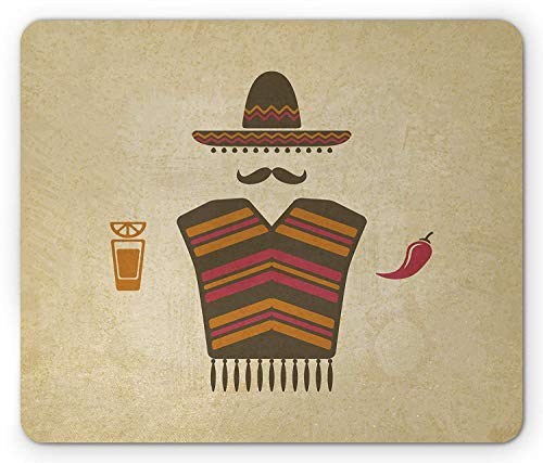 Gaming Mouse Pad, Mustache Mouse Pad, Authentic Mexican Conceptual Elements of Tequila with Lime Poncho and Chili Pepper, Standard Size Rectangle Non-Slip Rubber Mousepad