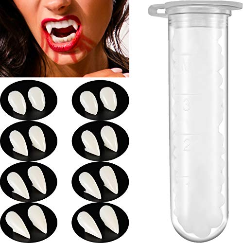 Gejoy 8 Pares de Dientes de Vampiro Colmillos Dentaduras Postizas de Halloween Cosplay con Dientes Adhesivos de Pellets para Disfraces de Halloween Favores de Fiesta (13 mm, 15 mm, 17 mm, 19 mm)