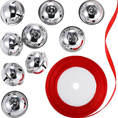 Gejoy 9 Piezas Cascabeles de Recortes Estrella Campanas Artesanales de Navidad con Rollo de Cinta Roja para Decoraciones Navideñas